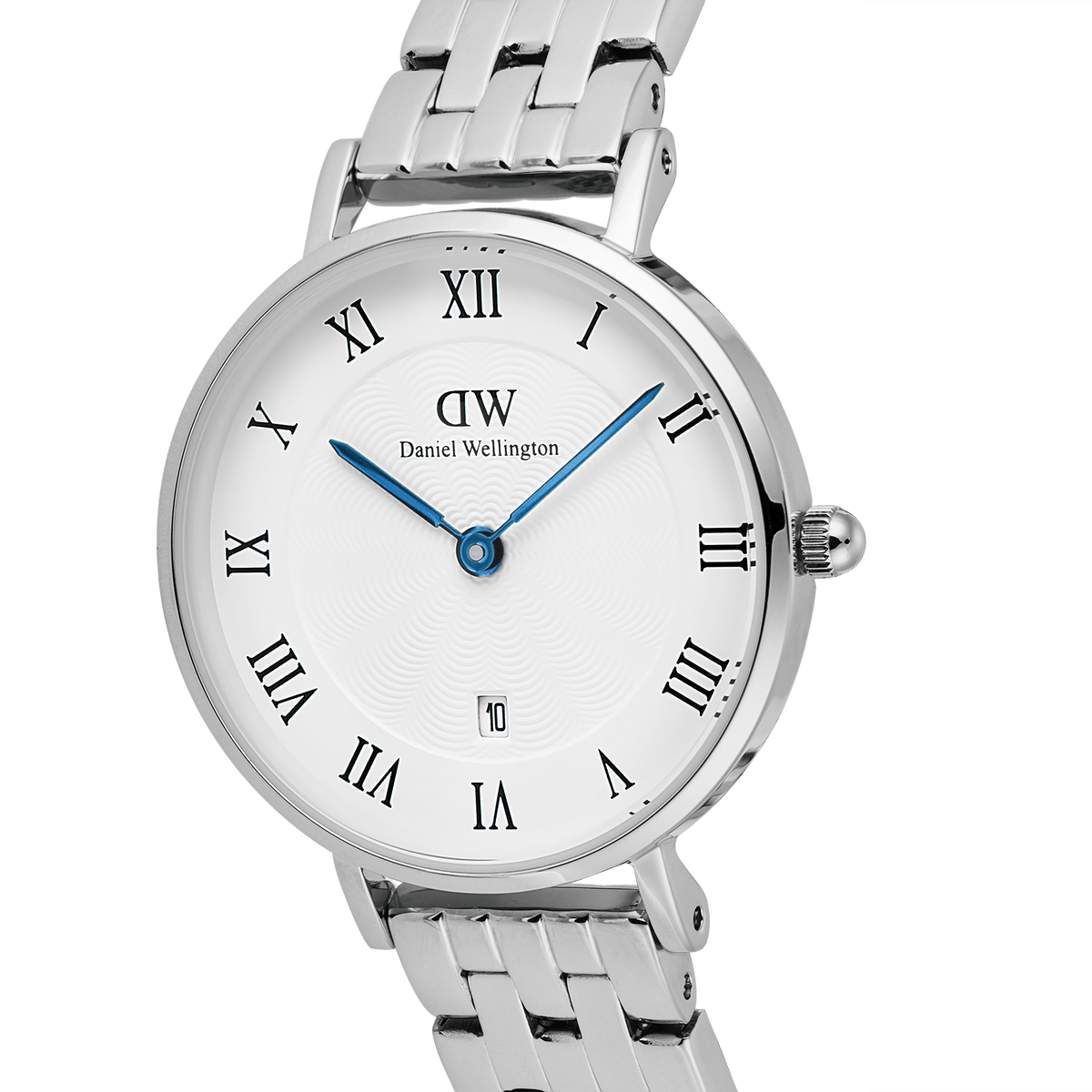 Close-up of the Petite Roman Numerals Date 5-link Silver watch, highlighting the polished stainless steel bracelet, white guilloché dial with Roman numerals, blue hands, and date window at 6 o’clock.