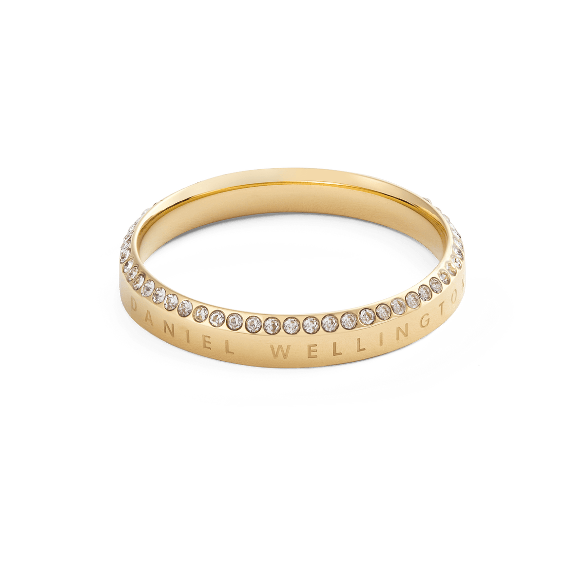 Classic Aura Ring Gold featuring a minimalist gold band with engraved branding and a row of white cubic zirconia crystals along the top edge.