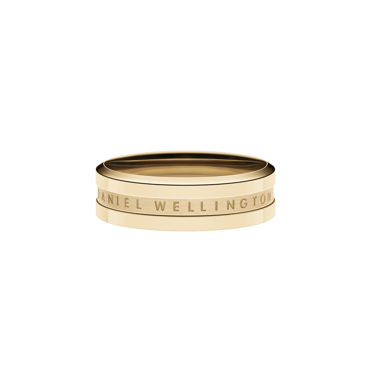 Elan Ring Gold featuring a minimalist band silhouette, polished gold finish and engraved Daniel Wellington logo, shown against a plain background.