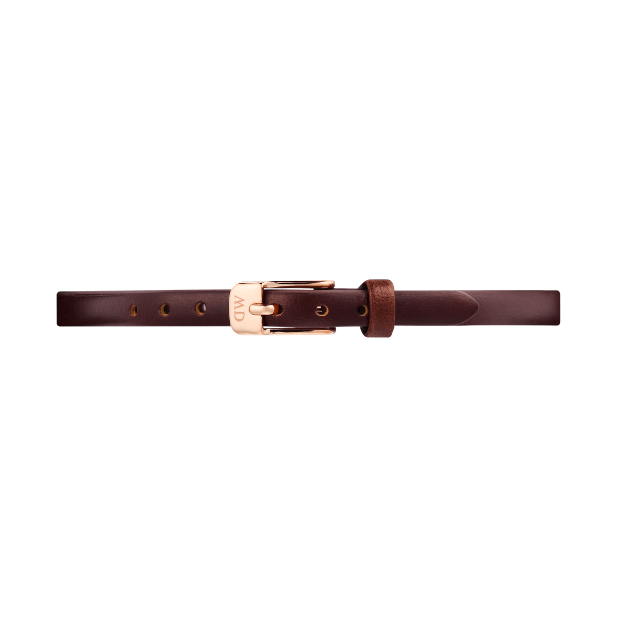 Pressed St Mawes Strap Rose Gold features a slim brown genuine leather band with a polished rose gold pin buckle, designed for petite watch cases and suitable for both casual and formal styling.