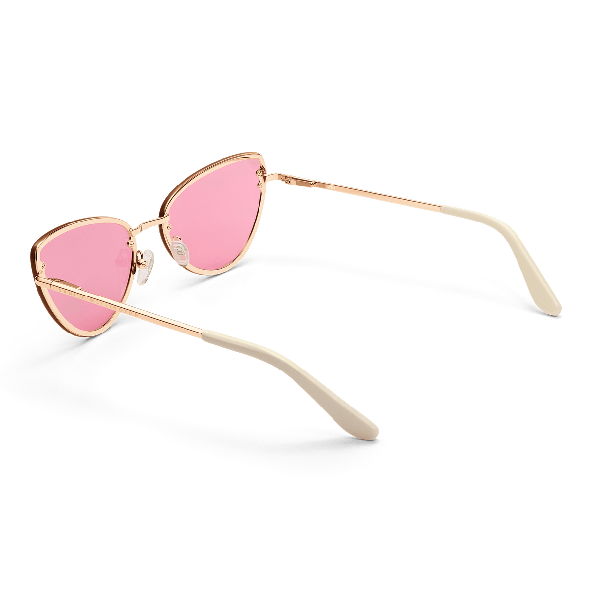 Lynx Steel Pink Gradient Rose Gold sunglasses with rose gold plated stainless steel cat eye frame, pink gradient lenses, adjustable silicone nose pads, and cream acetate temple tips.