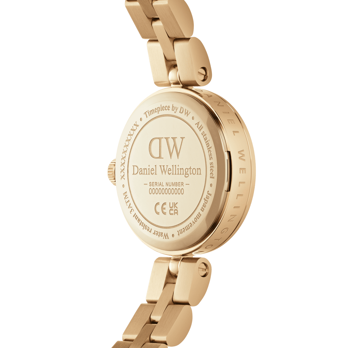 Back view of the Elan Lumine Gold watch, highlighting the engraved stainless steel case, gold finish, and three-link bracelet, with water resistance and serial number details visible.