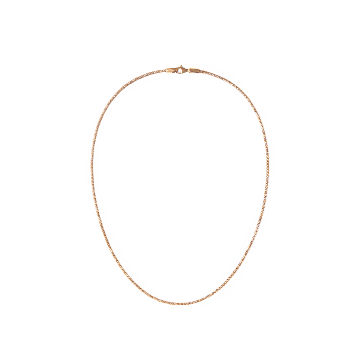 Slim rose gold mesh necklace with a polished finish and secure lobster clasp, designed for elegant everyday wear and layering.