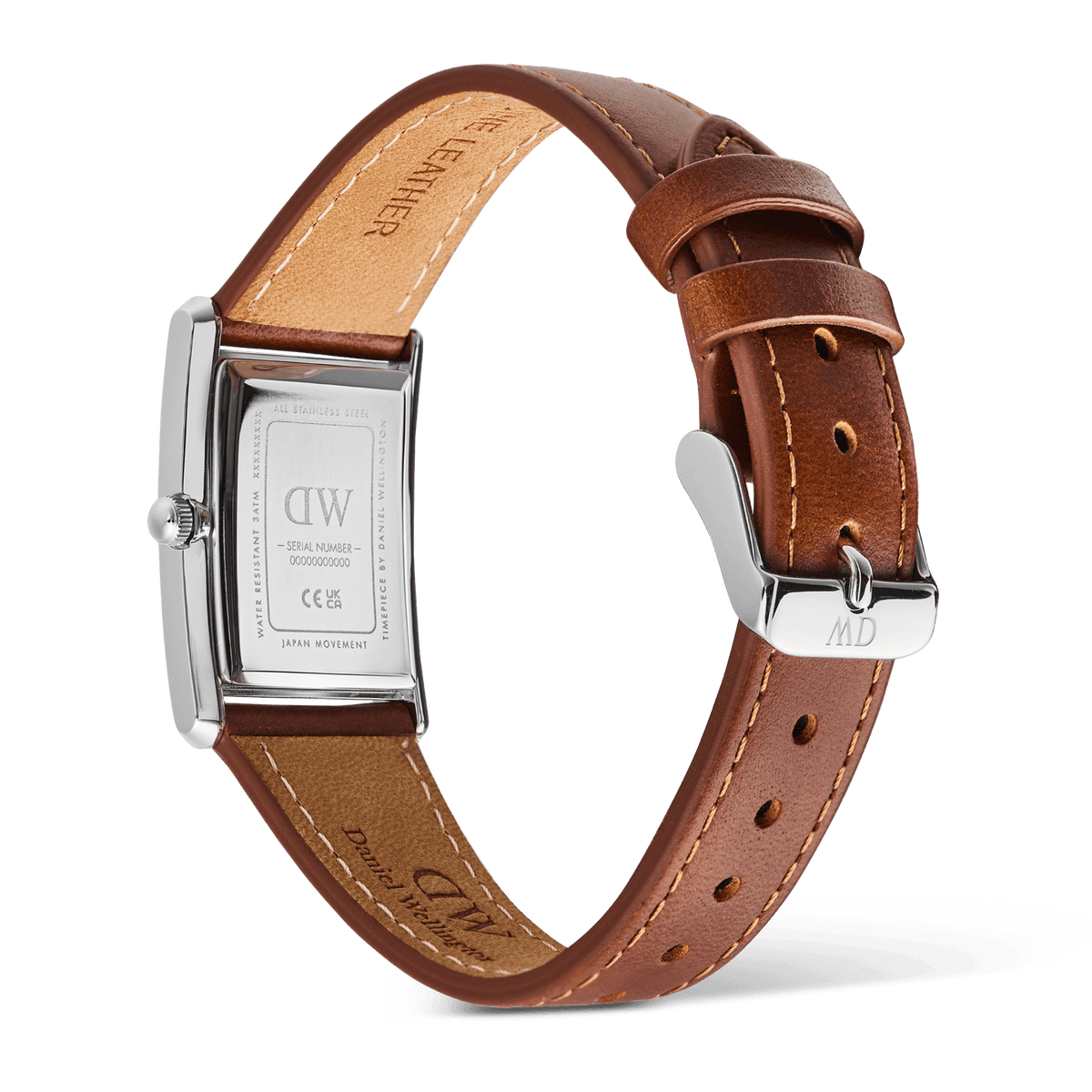 Rear view of the Daniel Wellington Bound Light Brown Arctic Guilloché Silver watch, showing the engraved stainless steel case back, adjustable brown leather strap, and polished silver buckle.