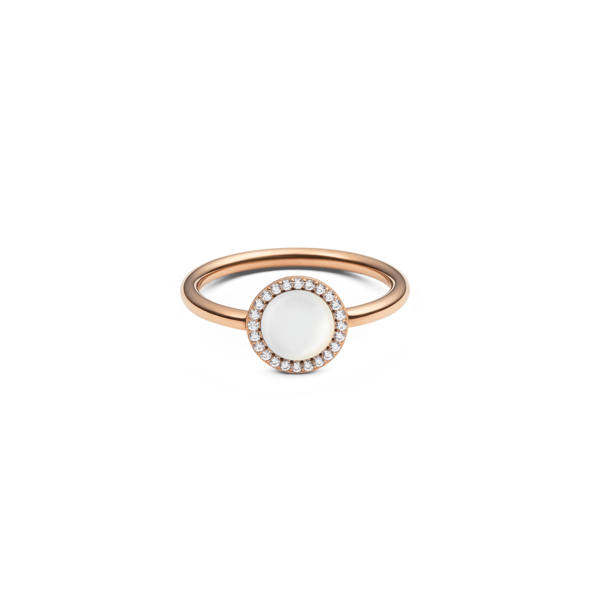 Rose gold ring featuring a round mother of pearl centrepiece surrounded by a halo of white cubic zirconia, set on a slim polished band.
