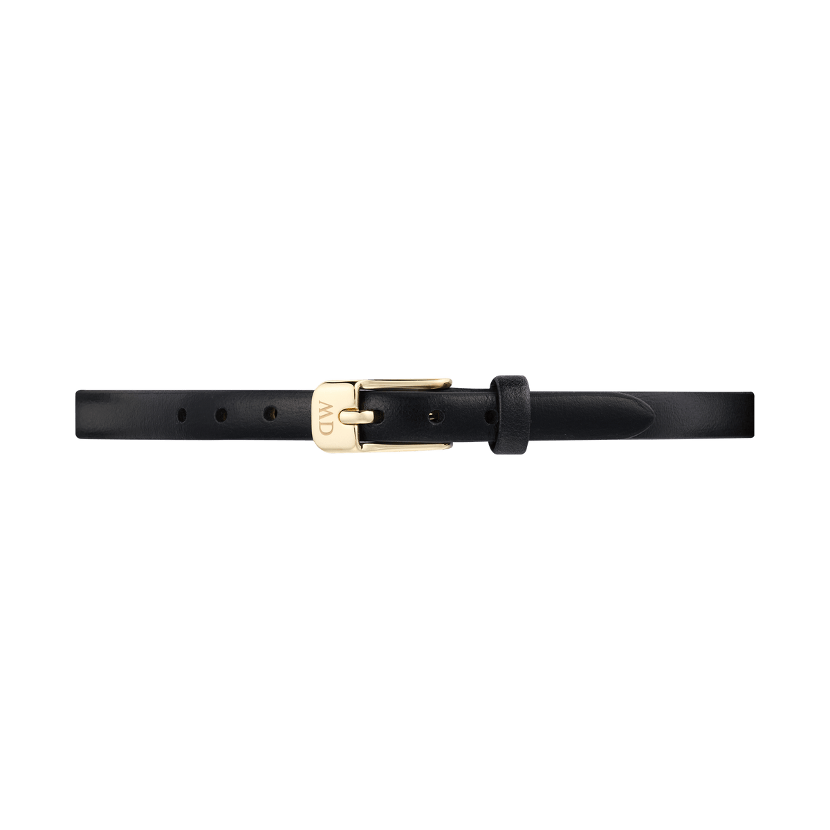 Slim black leather Pressed Sheffield Strap Gold with a polished gold buckle, designed for smaller watch faces and offering a refined, minimalist look suitable for both casual and formal styles.