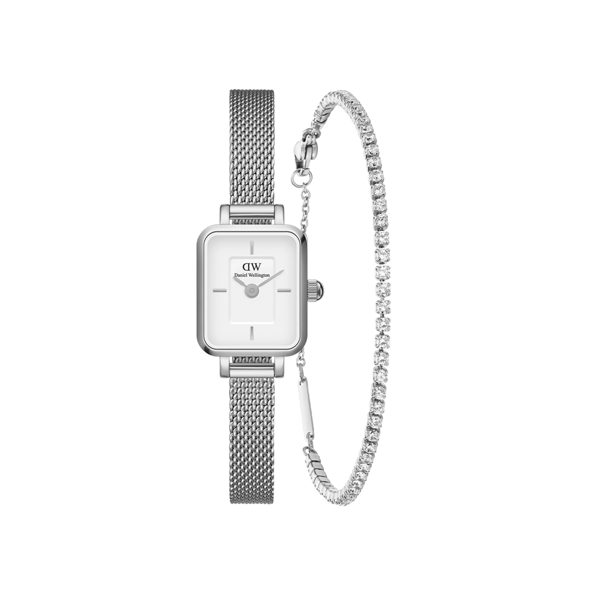 Quadro Mini & Tennis Bracelet Silver bundle featuring a rectangular Daniel Wellington watch with a silver mesh strap and minimalist white dial, paired with a delicate tennis bracelet adorned with sparkling stones.