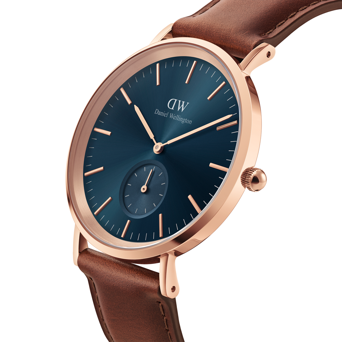 Classic Multi-Eye St Mawes Arctic Rose Gold men's watch with a round rose gold case, deep blue chronograph dial, and genuine brown leather strap, shown in a close-up angled view.