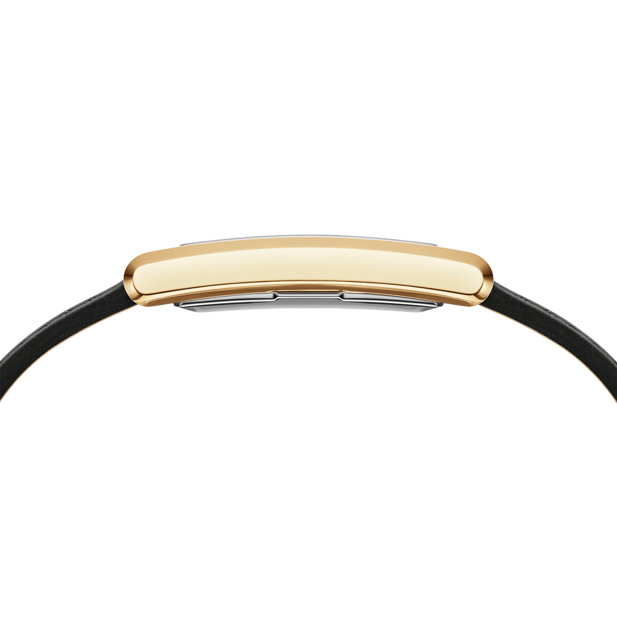 Side profile of the Daniel Wellington Bound Black Crocodile Gold watch, showcasing its slim gold rectangular case and black leather strap designed for comfortable everyday wear.