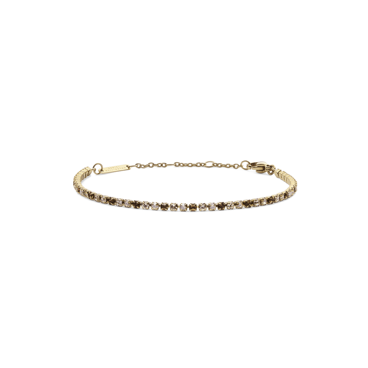 Slim gold tennis bracelet featuring alternating honey and clear crystals, finished with an adjustable chain and secure clasp for a refined, modern look.