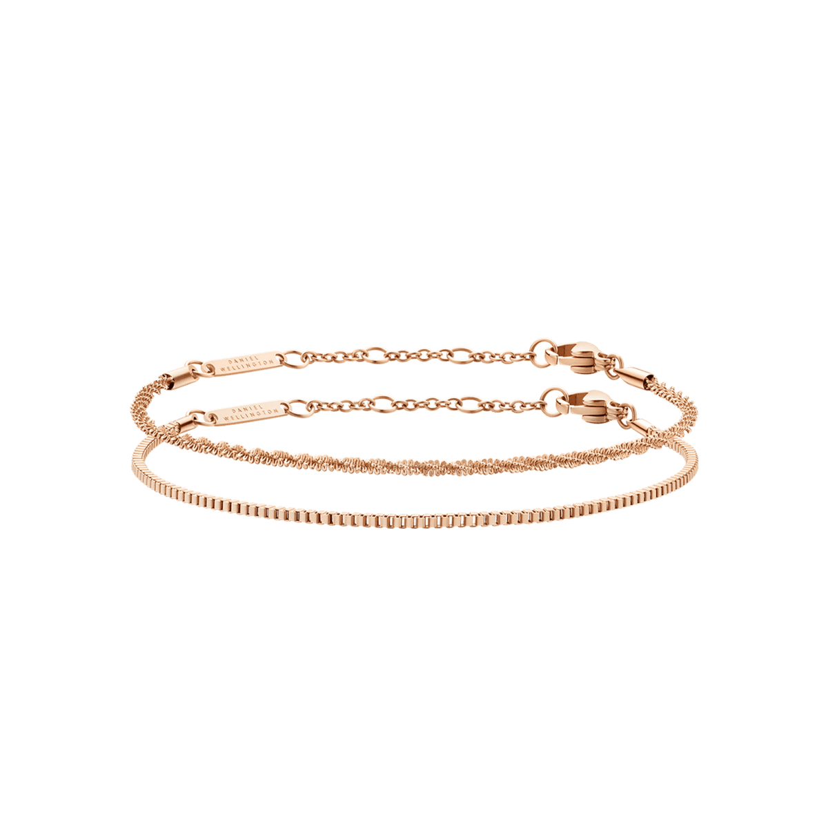 Two rose gold bracelets from the Staple Bracelet Set RG, featuring delicate chain designs with adjustable clasps and a polished finish, ideal for layering or wearing individually.