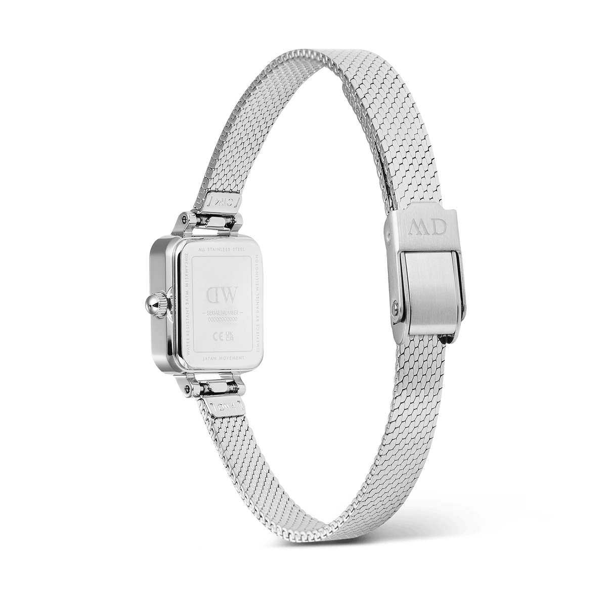 Rear view of the Quadro Mini Reflection Silver watch showing the polished stainless steel case back, adjustable silver mesh strap, and secure clasp, highlighting the refined craftsmanship and modern design.