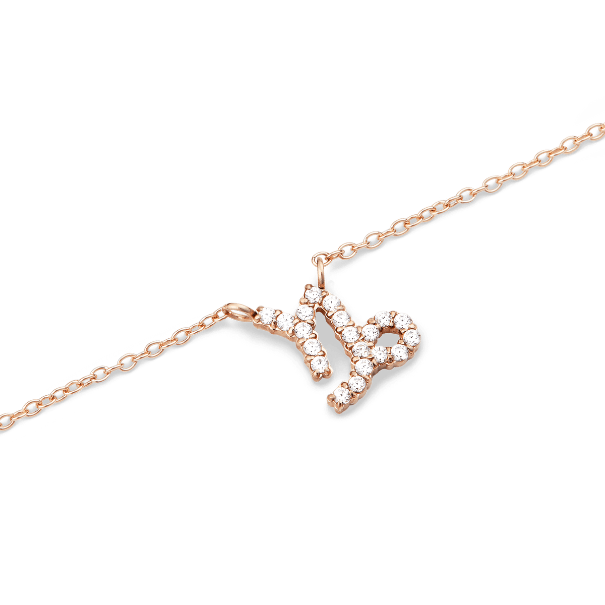 Crystal Zodiac Chain Necklace Rose Gold featuring a Capricorn symbol pendant set with sparkling crystals on a fine rose gold chain.
