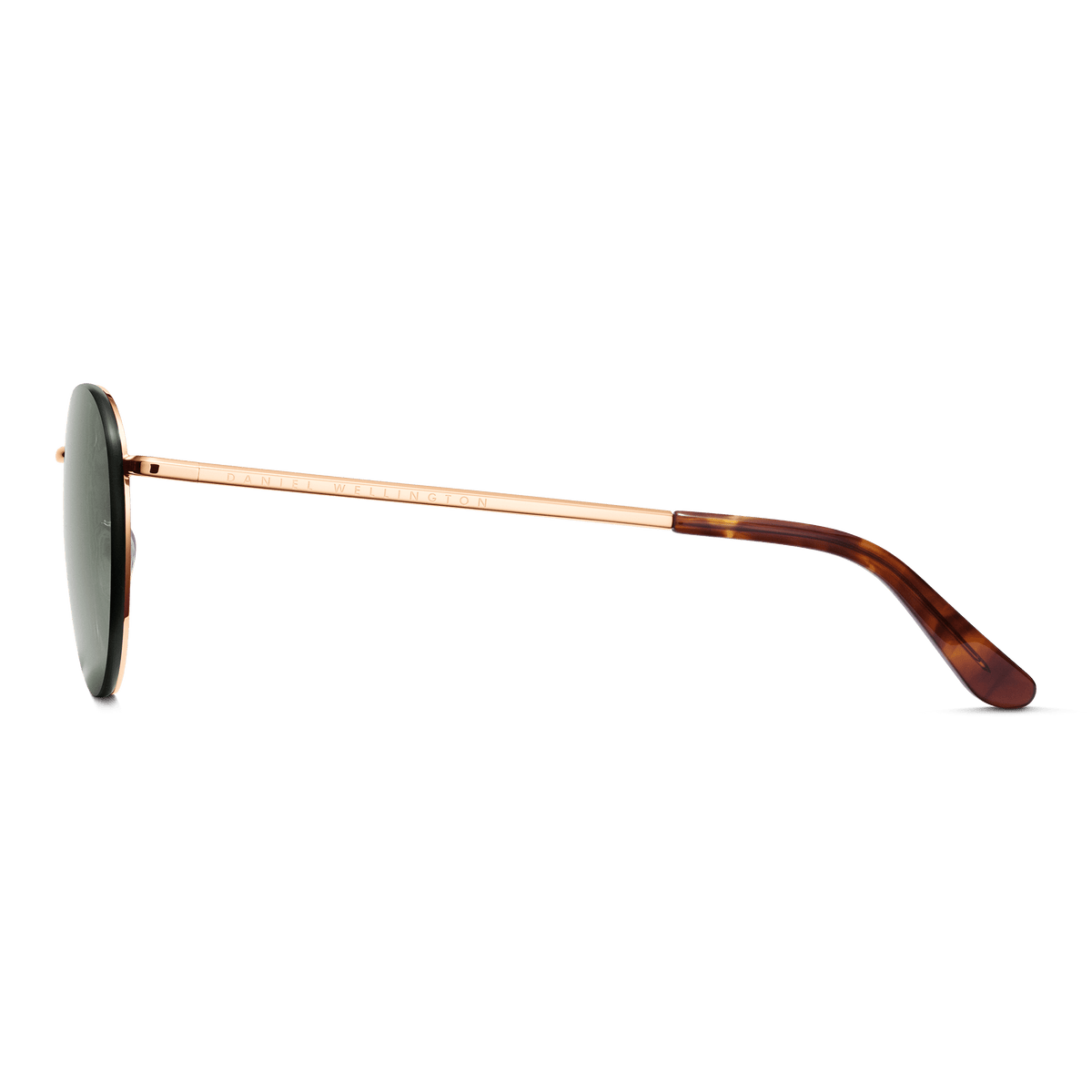 Side view of Arch Steel Green Rose Gold sunglasses showing the slim rose gold plated stainless steel arm, engraved branding, and tortoiseshell acetate temple tip.