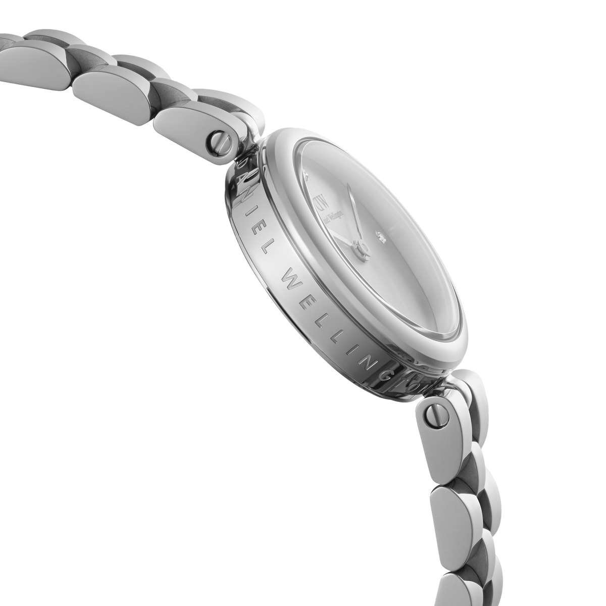 Side view of the Elan Lumine Unitone Silver ladies watch, showing the engraved case, polished stainless steel link bracelet, and minimalist silver dial with crystal hour markers.