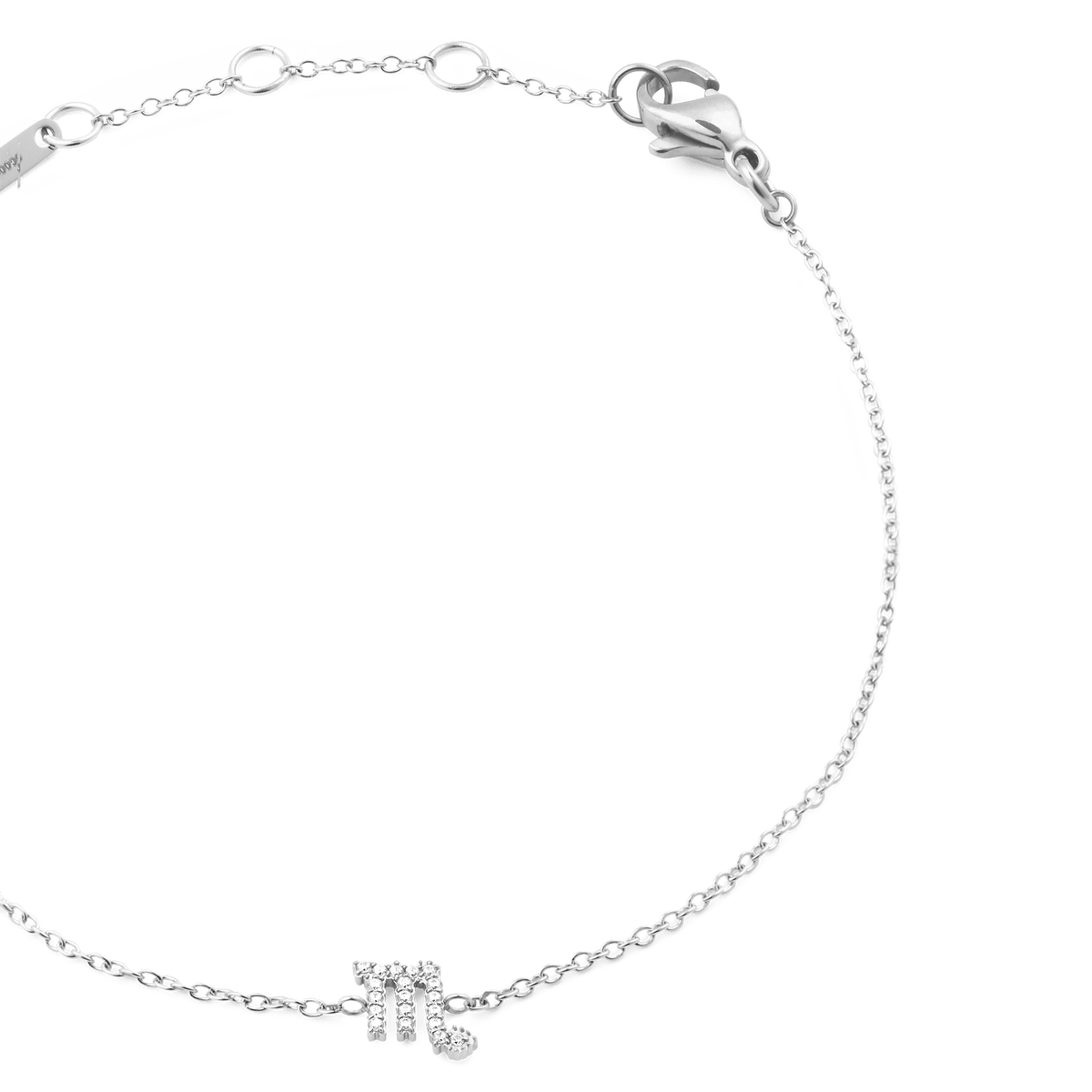 Crystal Zodiac Chain Bracelet Silver with a fine adjustable chain and a Scorpio zodiac charm set with sparkling hand-placed crystals, finished with a secure lobster clasp.
