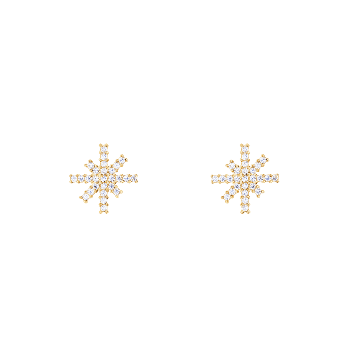 Pair of Mirelle Star Earring Gold stud earrings featuring a starburst design with white cubic zirconia crystals set in polished gold, shown against a plain background.