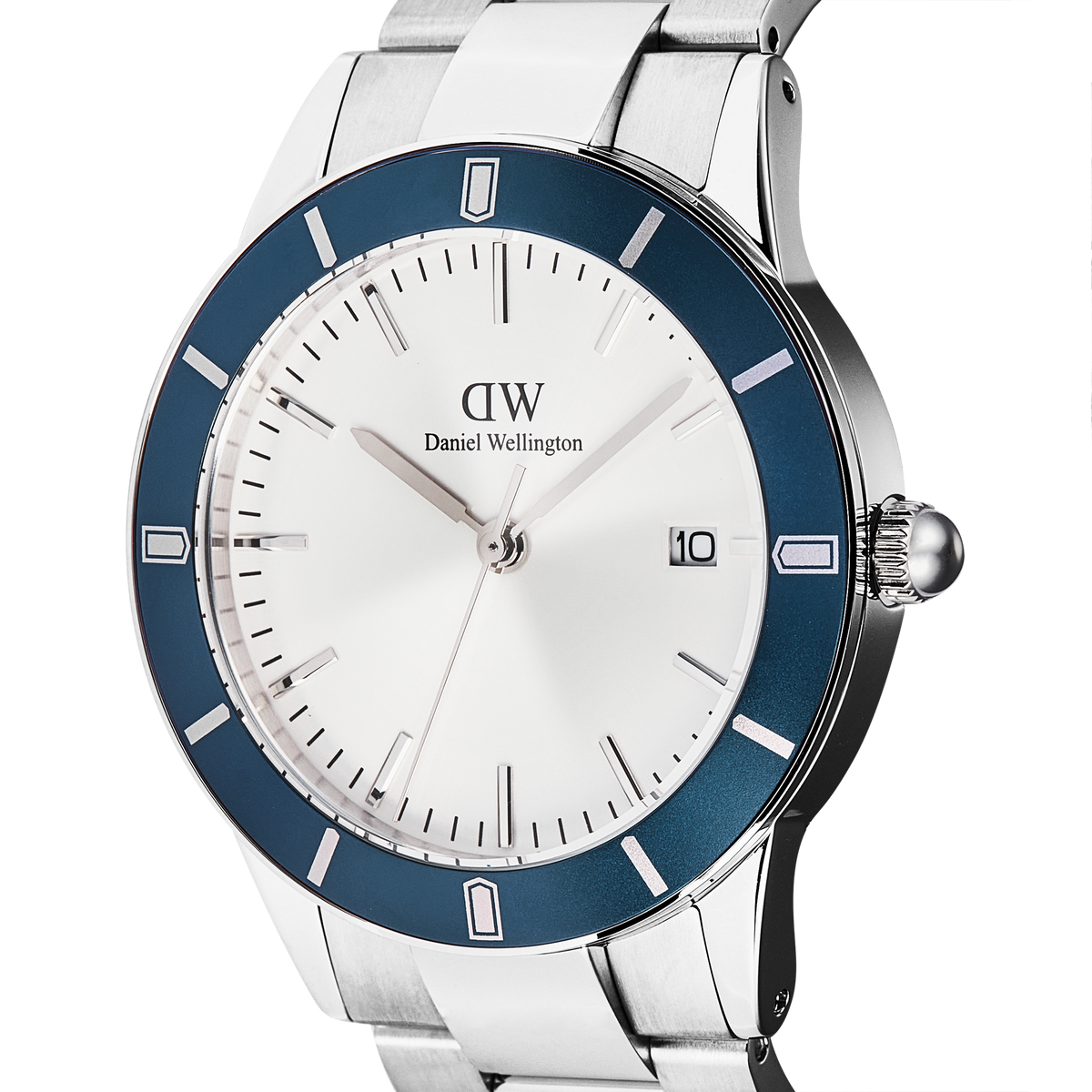 Detail view of the Iconic Paradigma Link Blue Bezel Silver watch, highlighting the satin matte blue bezel, crisp white dial, minimalist index markings, and date display on a polished stainless steel case.