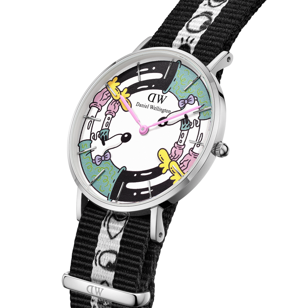 Steven Harrington x Daniel Wellington limited edition watch with a silver case, vibrant multicolour printed dial, and black and white illustrated NATO strap, highlighting playful artistic details.