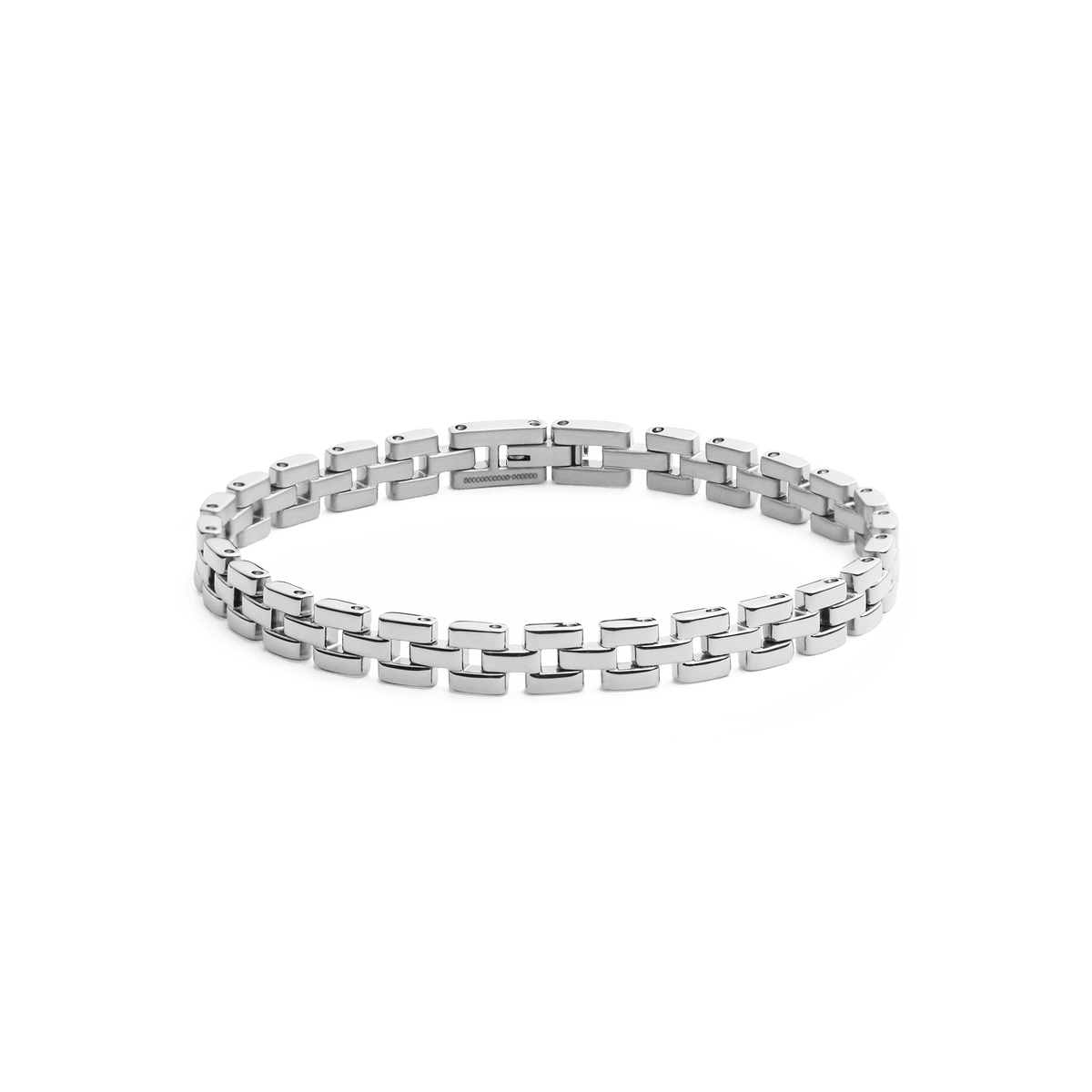 Polished silver 3-Link Bracelet featuring geometric links and a secure fold-over clasp, crafted from stainless steel for a sleek, modern look suitable for everyday wear.