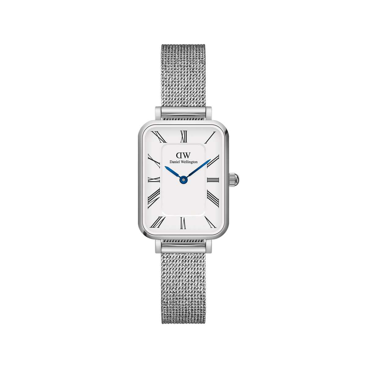 Quadro Roman Numerals Sterling ladies watch featuring a rectangular silver case, crisp white dial with Roman numerals, blue steel hands, and a polished silver mesh strap.