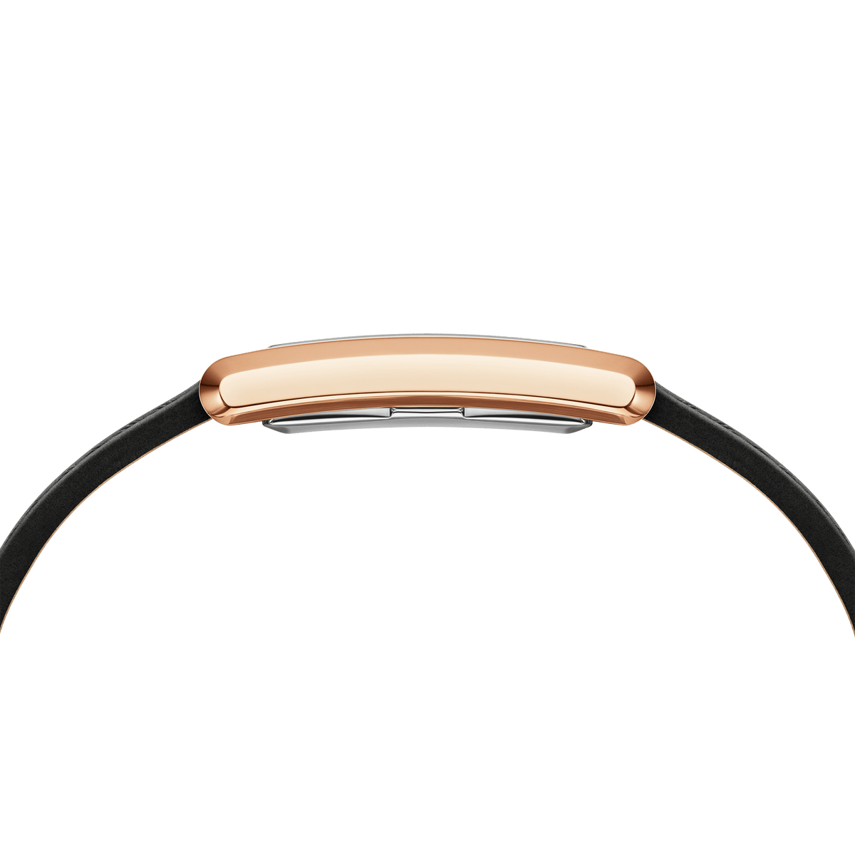 Side profile of the Bound Black Crocodile Rose Gold watch, highlighting its slim rose gold rectangular case and black leather strap for a sleek, comfortable fit.