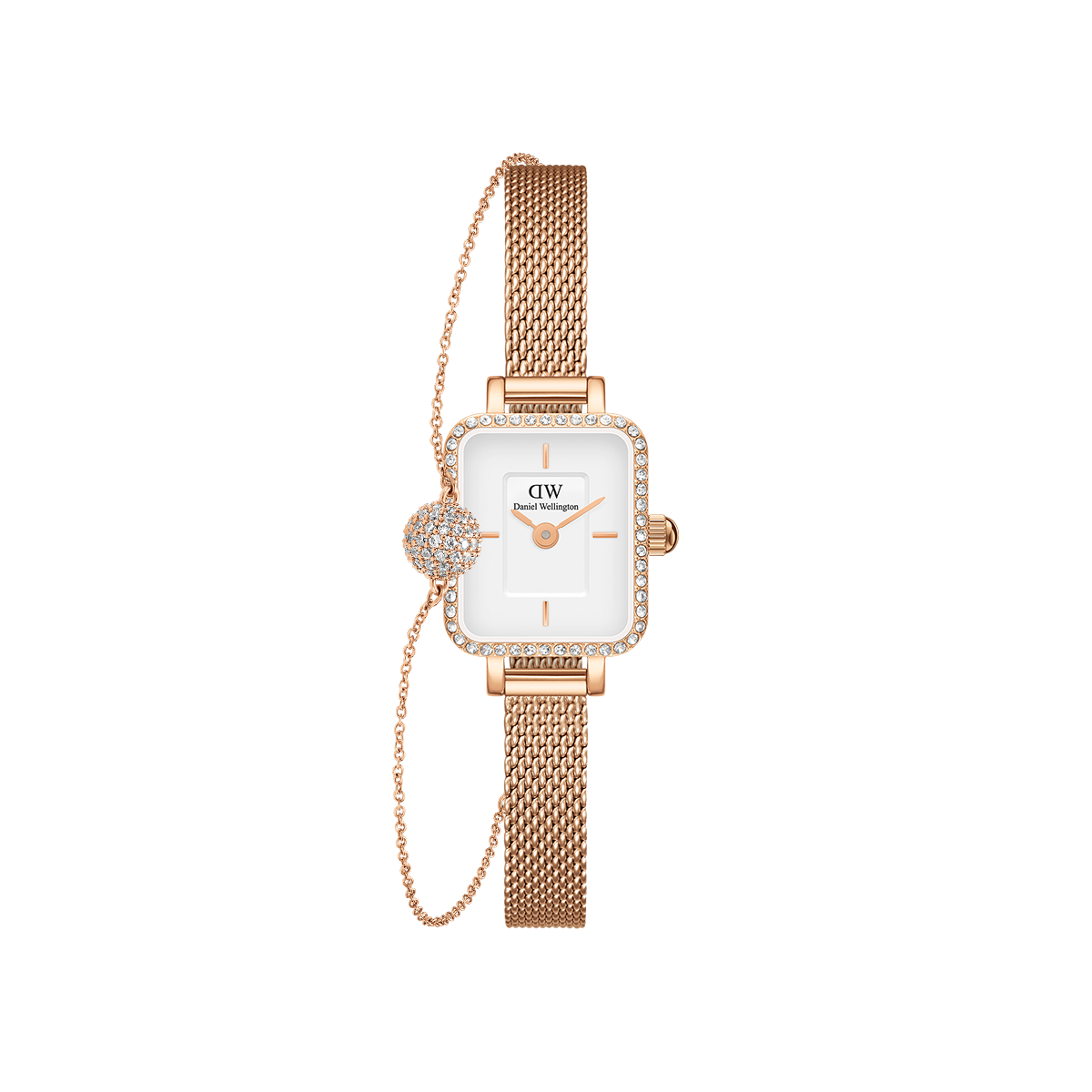Rose gold Quadro Mini Lumine watch with a rectangular white dial, pavé crystal bezel, and matching mesh strap, paired with an adjustable pavé crystal pendant bracelet featuring a sparkling charm.