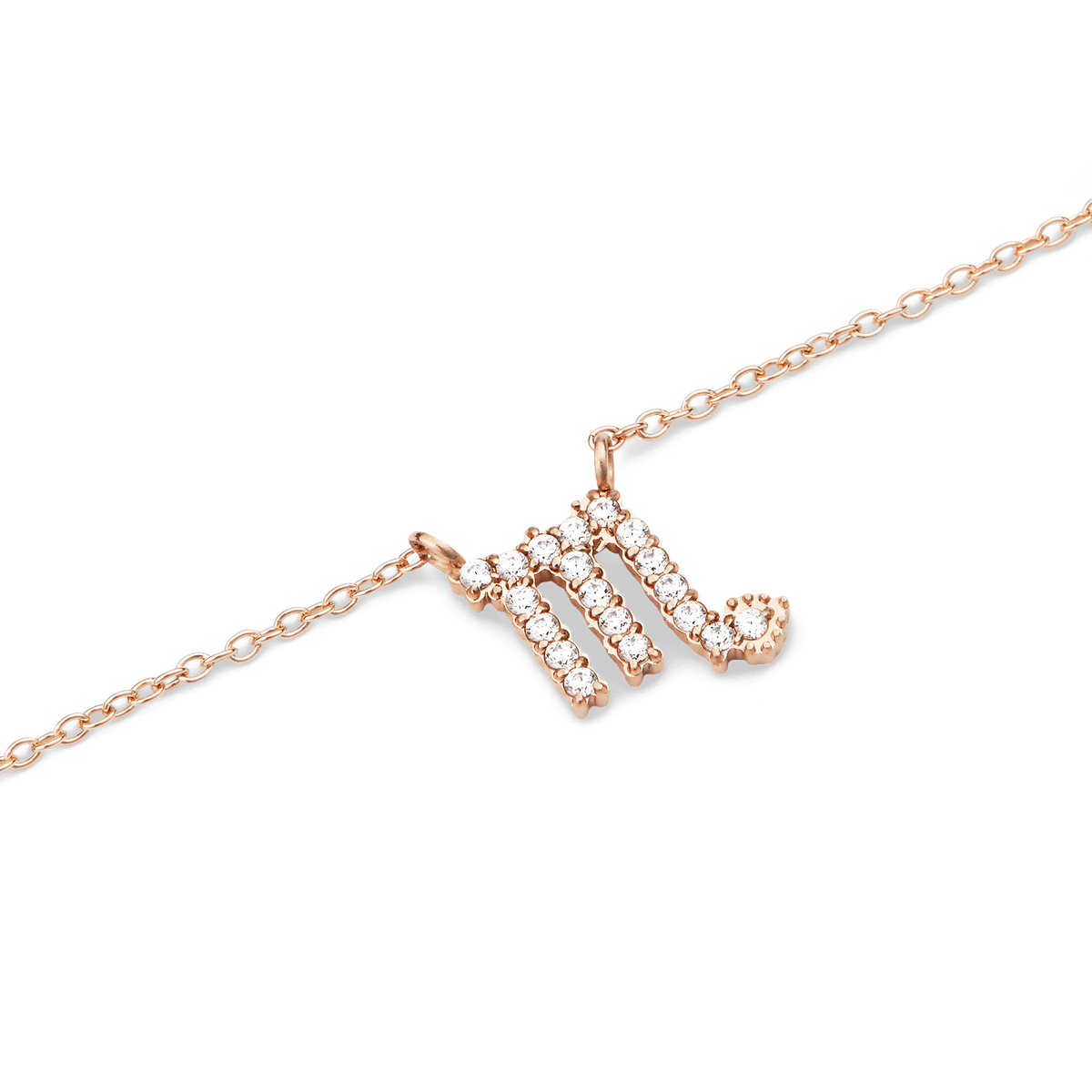 Crystal Zodiac Chain Necklace Rose Gold featuring a Scorpio zodiac pendant set with sparkling crystals on a delicate rose gold chain.