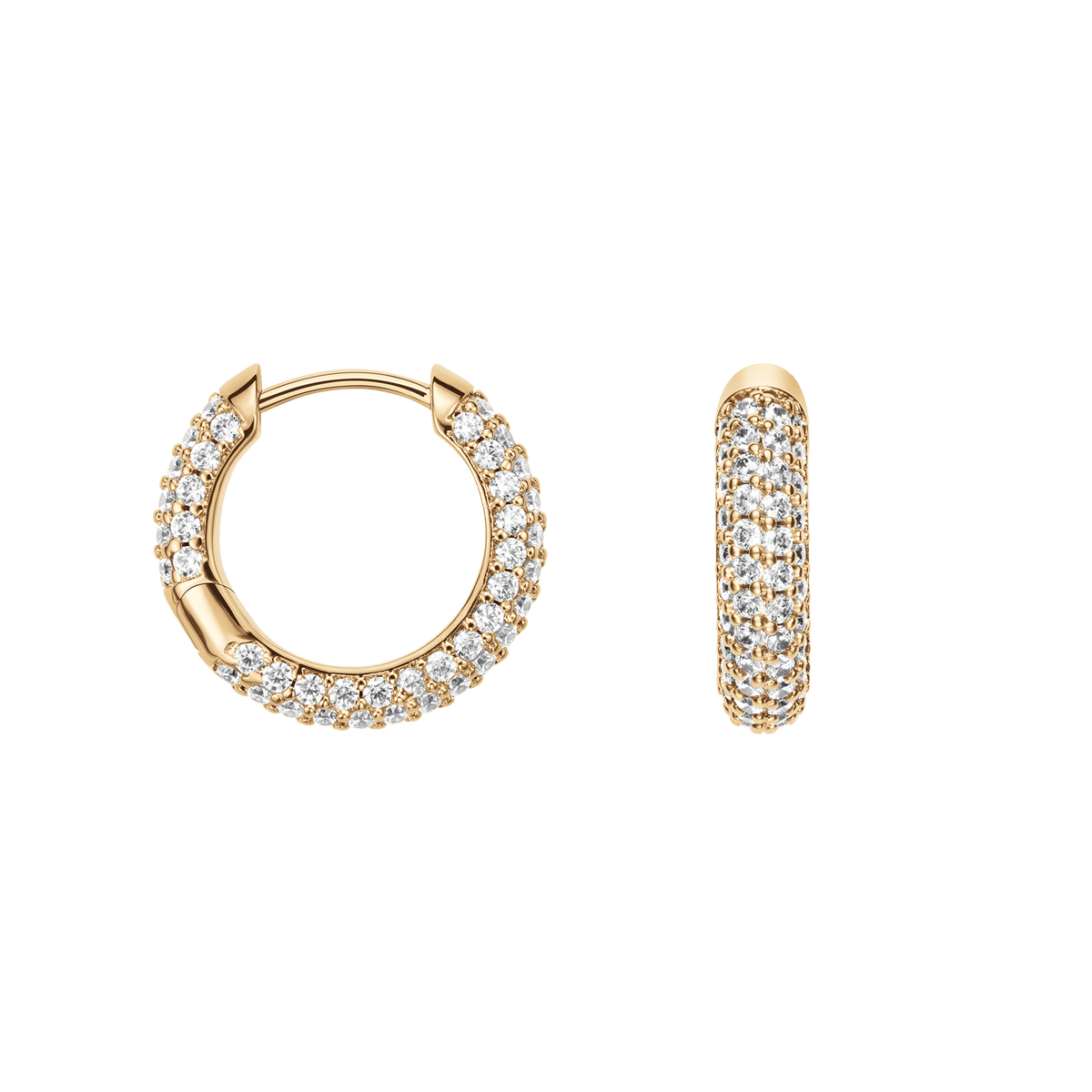 Pavé Crystal Earrings Gold shown from front and side, featuring a gold plated hoop design with rows of sparkling cubic zirconia crystals in a pavé setting.