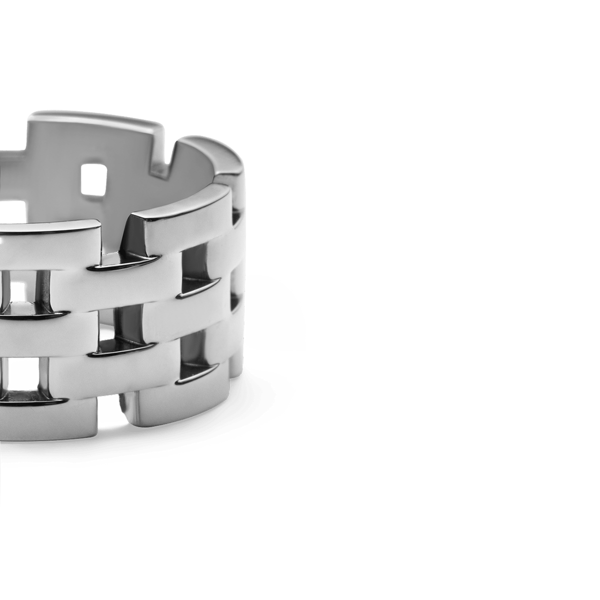 Close-up of the 5-Link Ring Silver showing its chunky geometric link pattern and polished stainless steel finish, highlighting the open links and smooth edges.