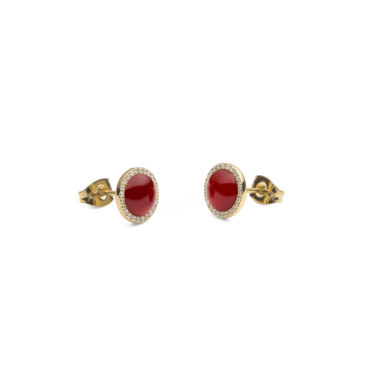 Audrey Earrings Red Agathe Gold feature domed red agate stones set in gold with a halo of white crystals and secure gold backings, offering a classic and elegant stud design.