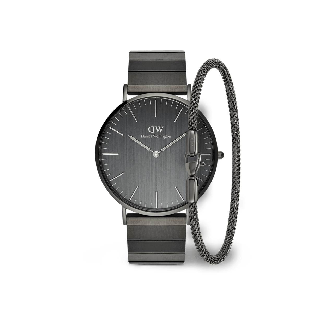 Classic Piano Link Graphite Unitone & Mesh Bracelet Set featuring a graphite coloured stainless steel watch with a minimalist round dial and an adjustable mesh bracelet, both designed for a sleek, modern look.