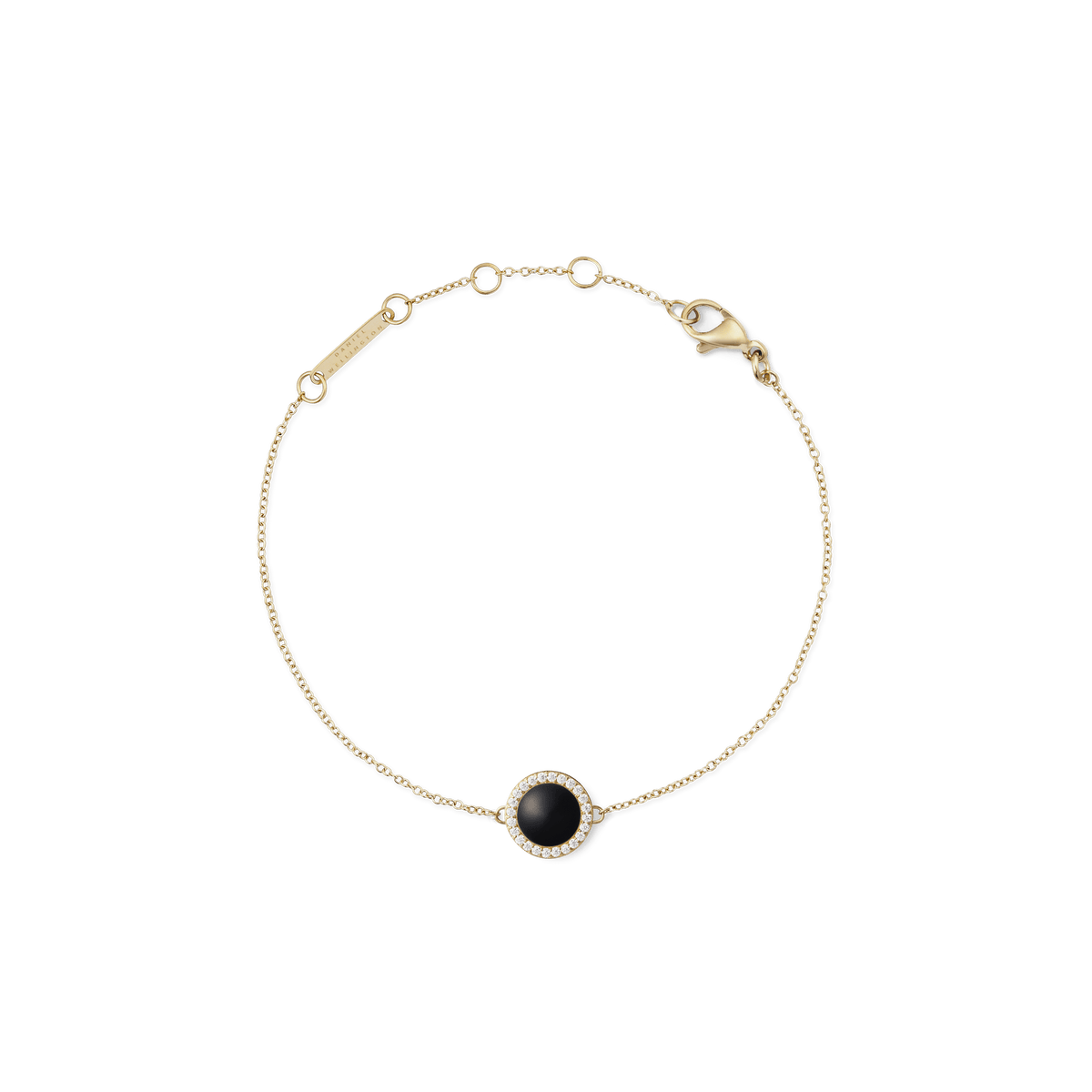 Delicate gold bracelet featuring a slim adjustable chain, a round black agate stone pendant framed by sparkling white crystals, and a secure lobster clasp.