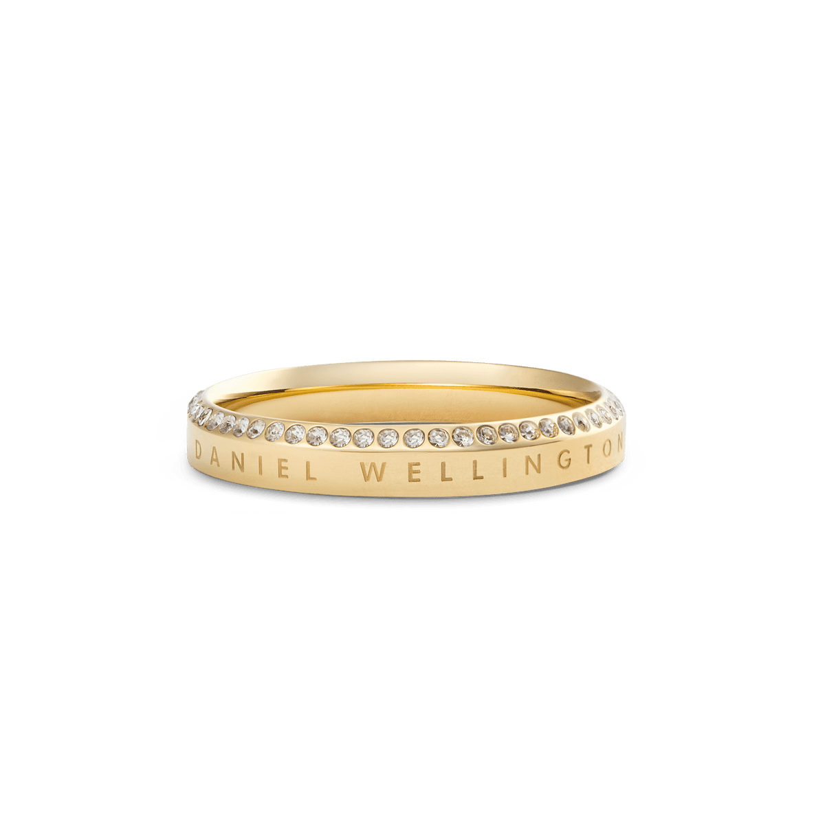 Classic Aura Ring Gold with a slim gold band, engraved branding, and a single row of sparkling white crystals set along the top edge.
