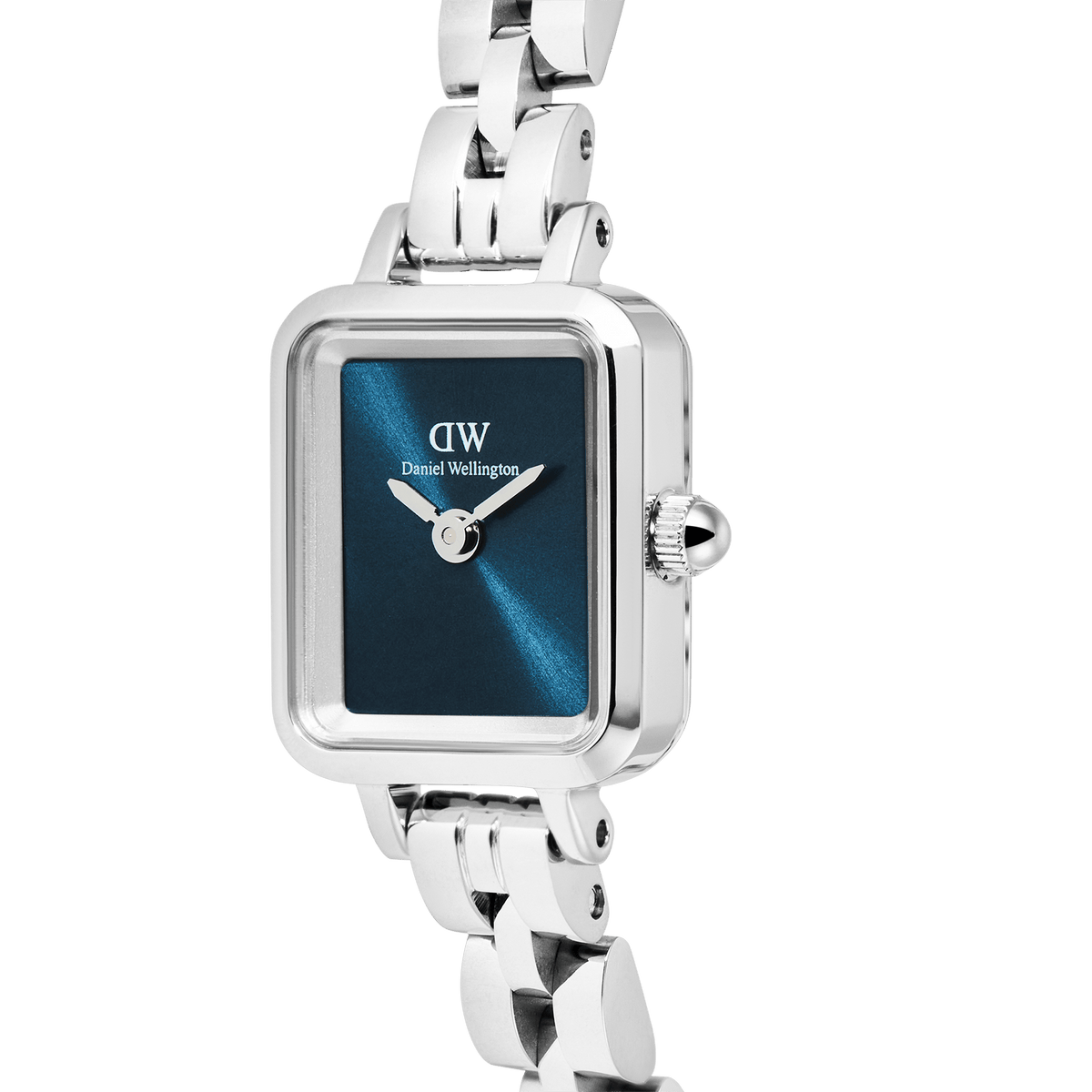 Close-up of the Quadro Mini Arch 3-link Arctic Sunray Silver watch, highlighting its rectangular stainless steel case, polished silver bracelet, and deep blue minimalist dial.