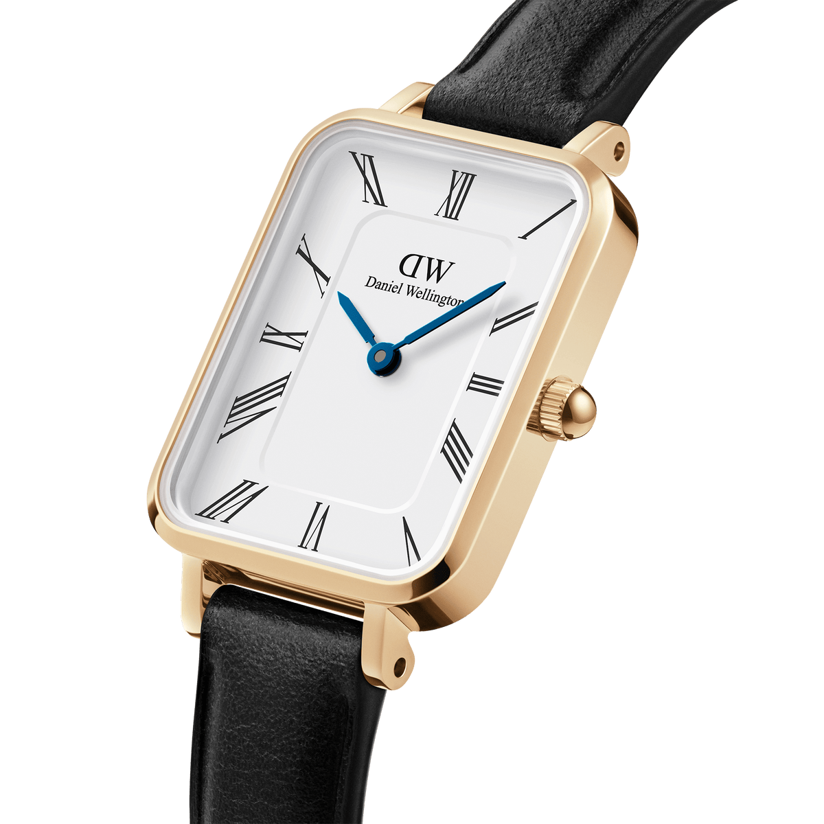 Quadro Roman Numerals Sheffield Gold ladies watch featuring a rectangular gold-plated case, minimalist white dial with Roman numerals, blue steel hands, and a slim black leather strap.