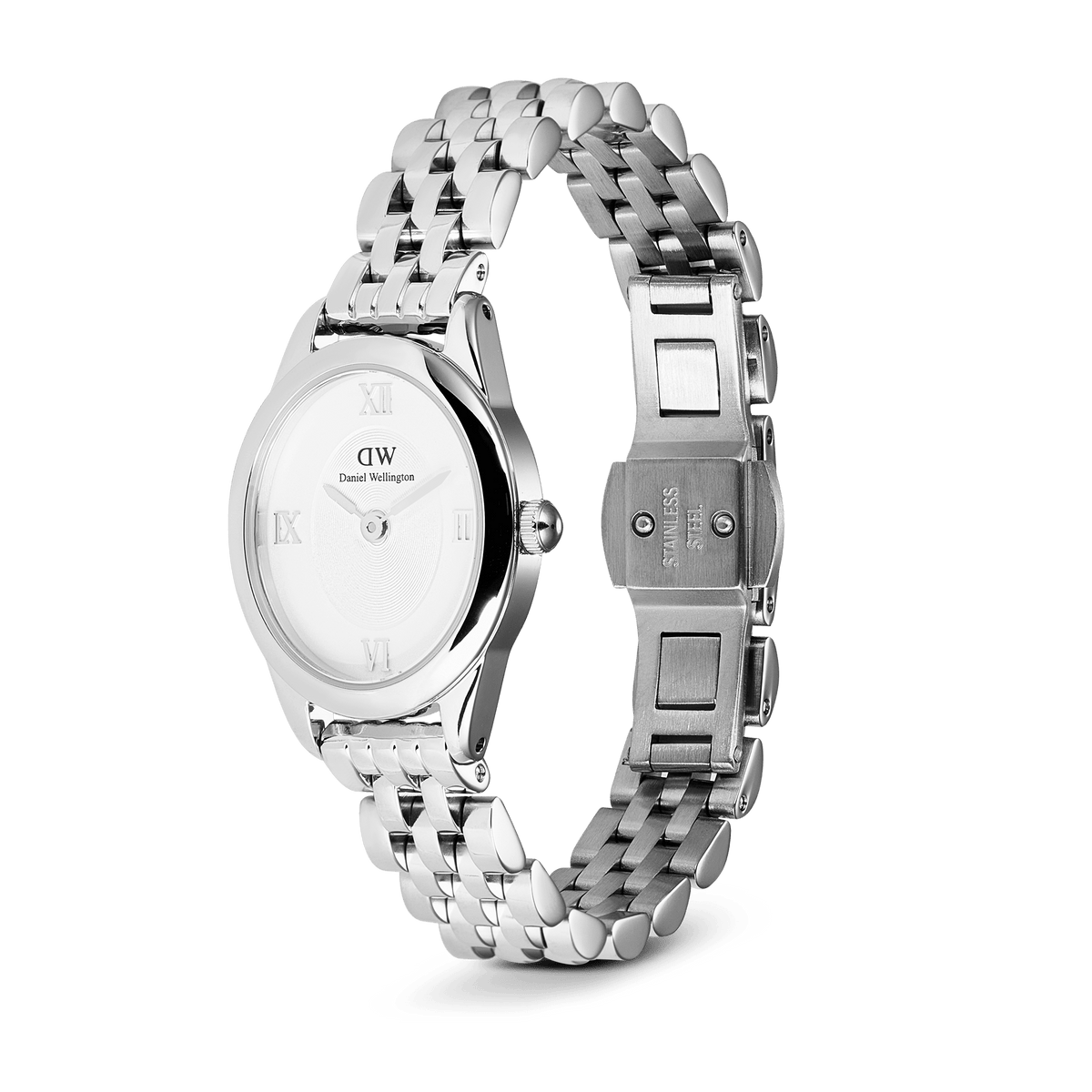 Ophelia Mini Silver watch with a polished oval case, white sunray dial featuring silver Roman numerals, and a stainless steel 5-link bracelet with an adjustable butterfly clasp.