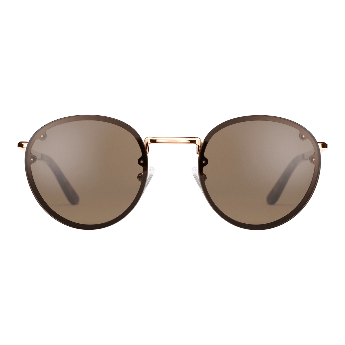 Round sunglasses with brown UV400 nylon lenses and a rose gold plated stainless steel frame, featuring minimalist styling and tortoiseshell acetate temple tips.