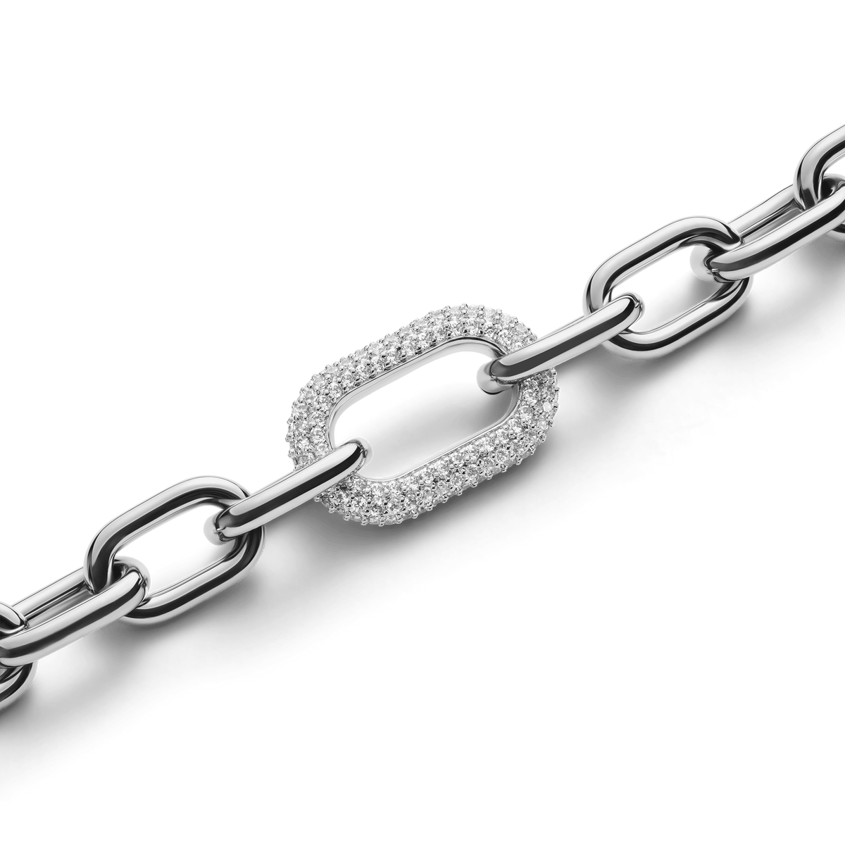 Close-up of the Crystal Link Bracelet Silver highlighting the chunky chain and a single link adorned with sparkling cubic zirconia crystals for a modern, elegant finish.