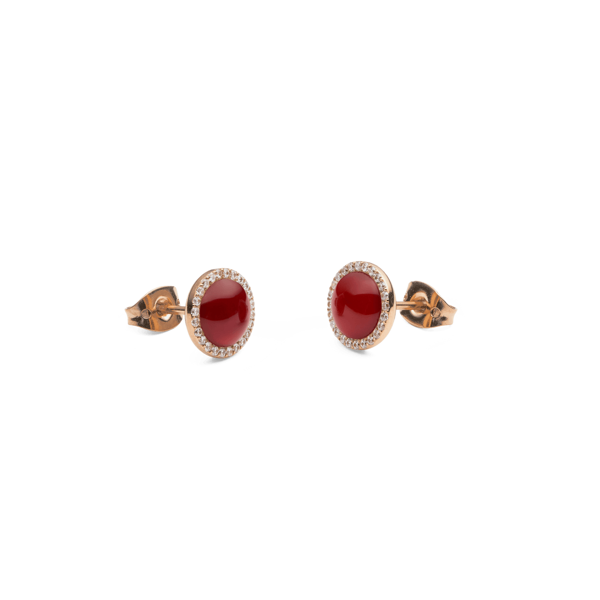 Audrey Earrings Red Agathe Rose Gold shown from the side, highlighting the domed red agate centre, sparkling cubic zirconia halo, and secure rose gold stud fastening.