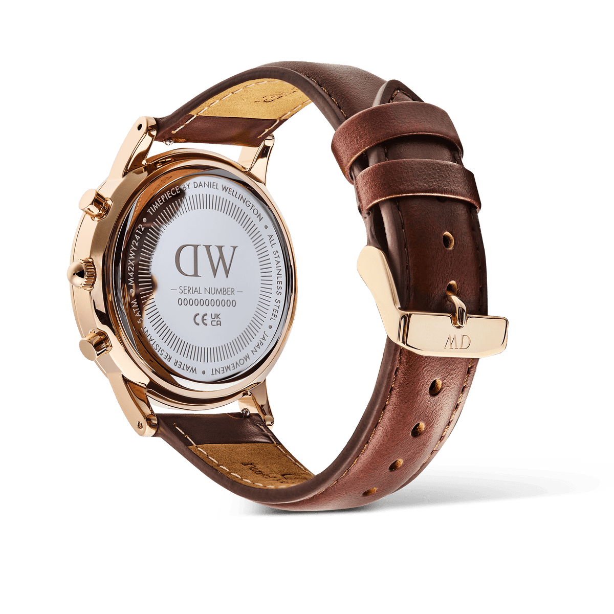 Rear view of the Iconic Chronograph St Mawes Arctic Rg showing the engraved stainless steel case back, rose gold finish, and brown leather strap with gold buckle, highlighting its premium craftsmanship and adjustable fit.