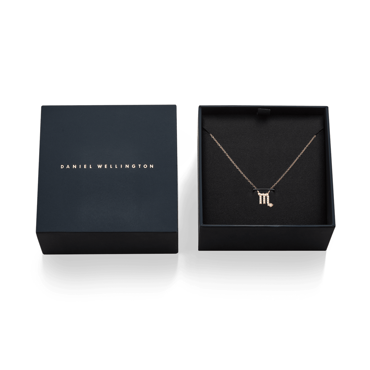 Rose gold Crystal Zodiac Chain Necklace with a crystal-set zodiac pendant, presented in an elegant black Daniel Wellington gift box.