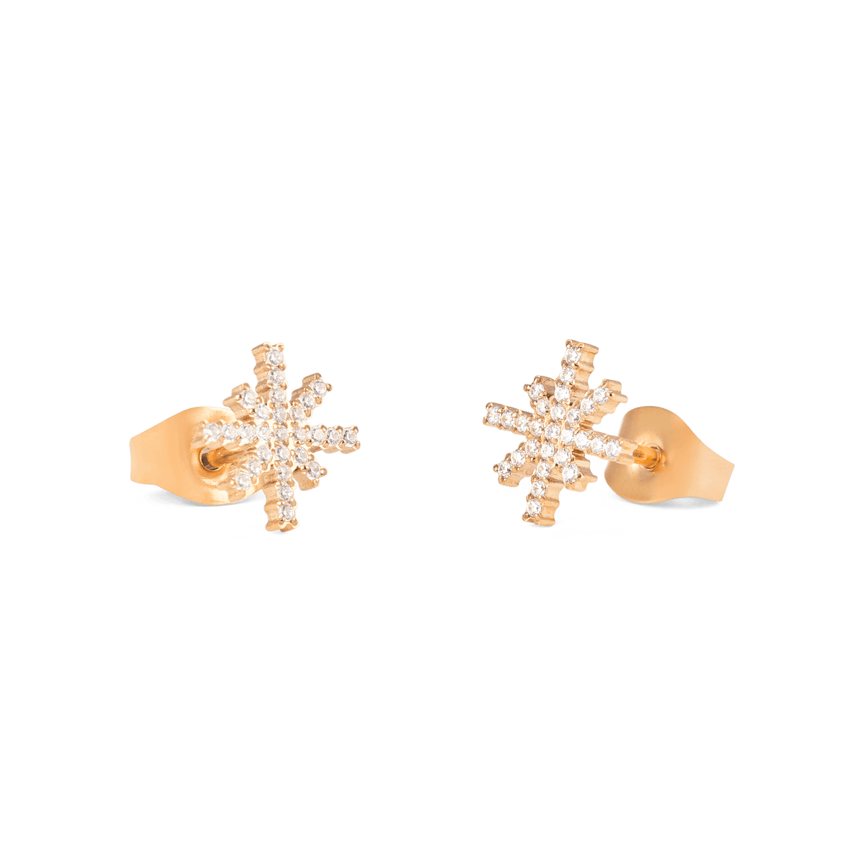 Mirelle Star Earring Rose Gold studs shown from the side and back, highlighting the starburst design with white cubic zirconia crystals and secure butterfly backs in a rose gold finish.