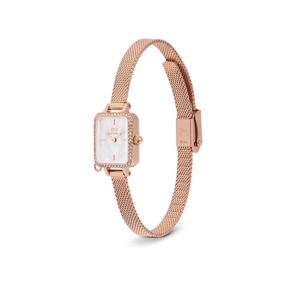 Quadro Mini Crystal Zodiac Melrose Set watch with a rose gold mesh strap, rectangular crystal-framed case, and a white mother of pearl dial, shown at an angle to highlight its elegant and minimalist design.