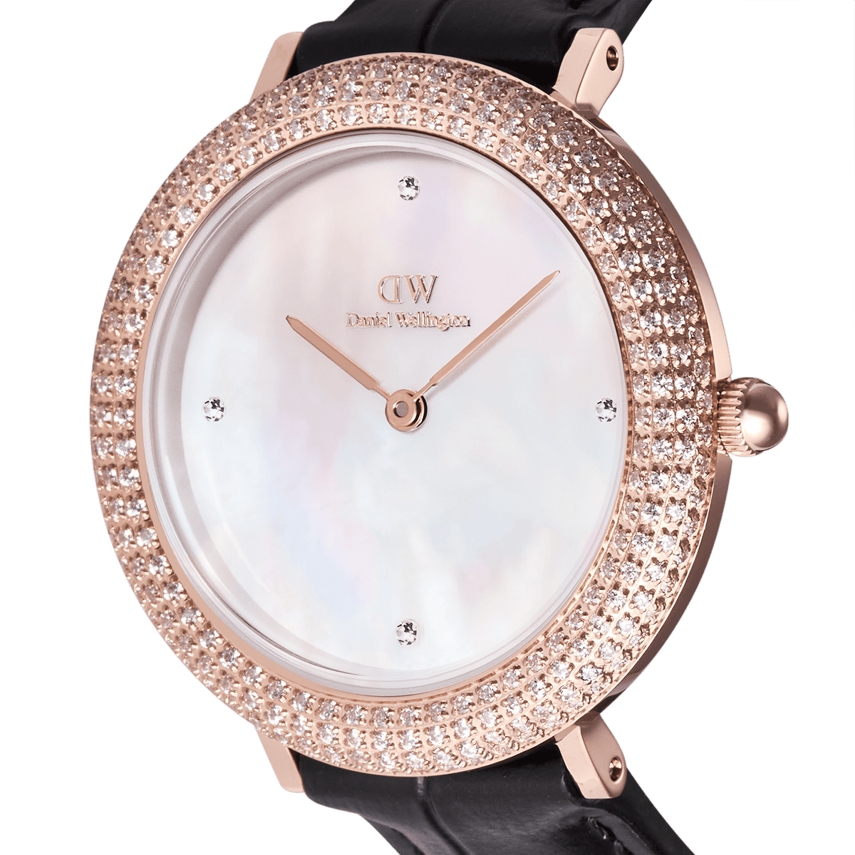 Close-up of the Crystalline Bezel Black Croc Rose Gold ladies watch showing the rose gold case, crystal-set bezel, white mother of pearl dial with four crystal markers, and black croc-embossed leather strap.