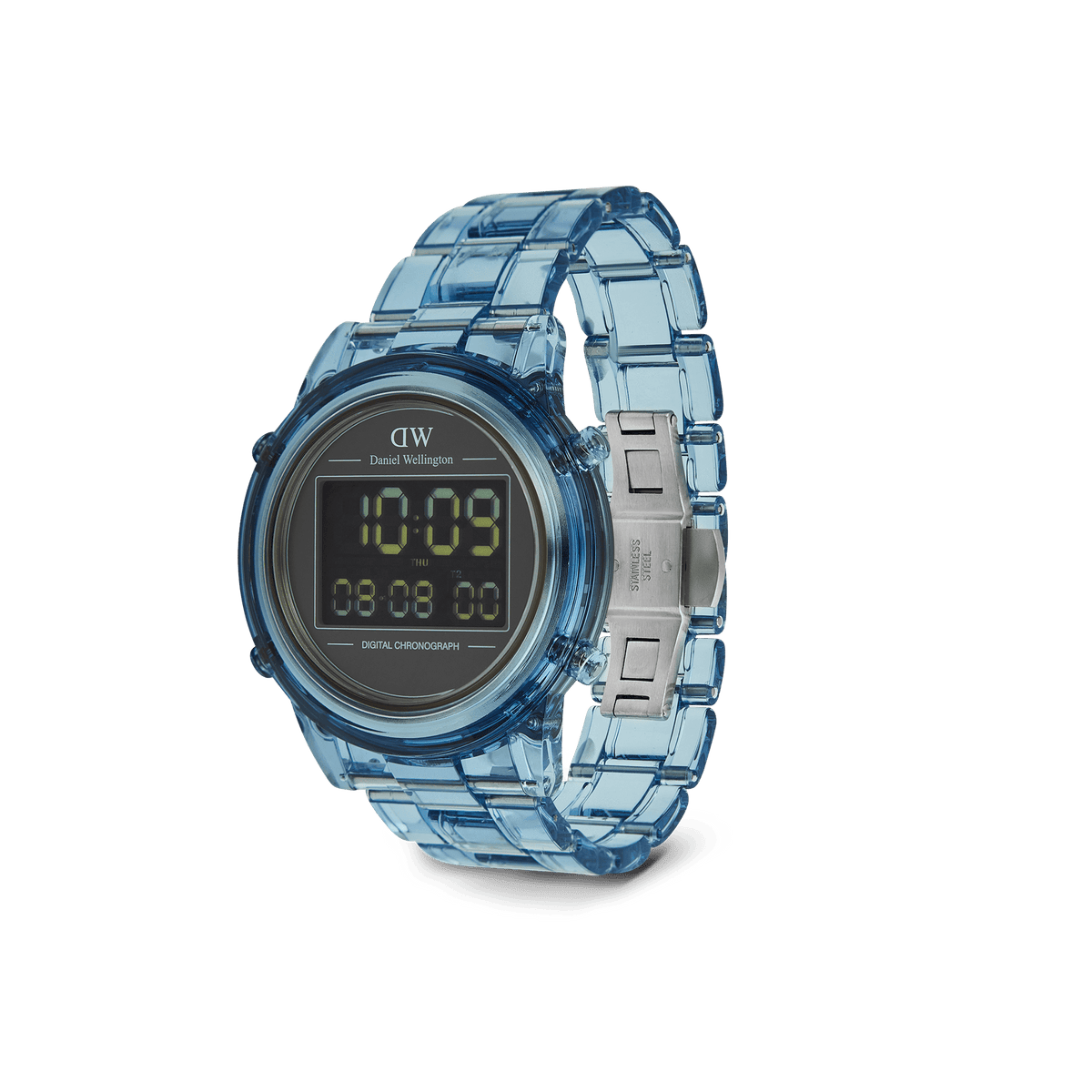 Retro Digital Light Blue Light Blue watch by Daniel Wellington featuring a transparent light blue link bracelet, round black digital dial, and stainless steel butterfly buckle, shown at an angle to highlight its modern retro design.
