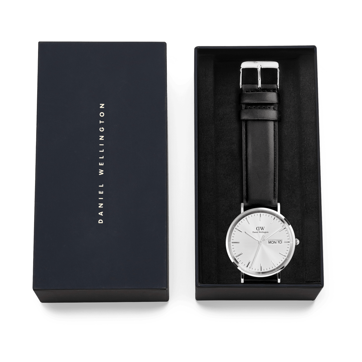 Classic Day Display Sheffield Silver watch with a black leather strap and white dial, presented in an elegant Daniel Wellington gift box.