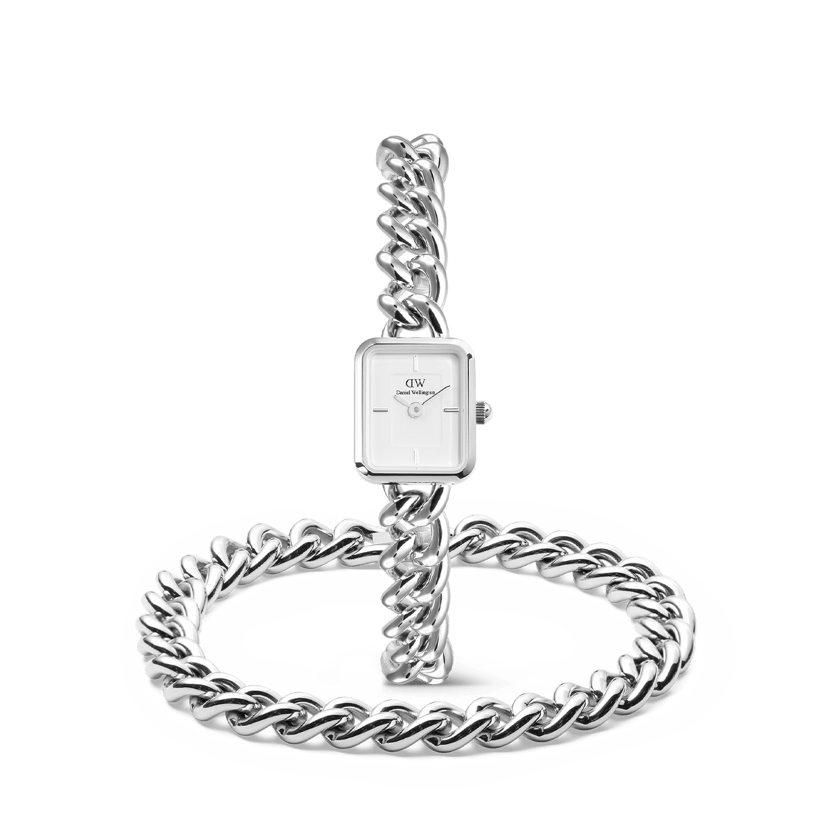Silver watch and chunky chain bracelet set for women, featuring a square white dial and polished stainless steel chain design, styled together for a modern, cohesive look.