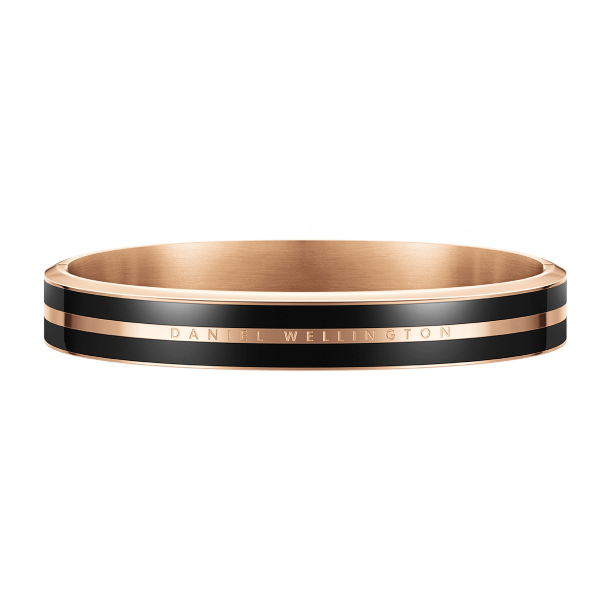 Emalie Infinite Rose Gold Black bracelet featuring a polished rose gold finish, bold black enamel ribbons, and subtle engraved branding, designed in a minimalist bangle style for versatile everyday wear.
