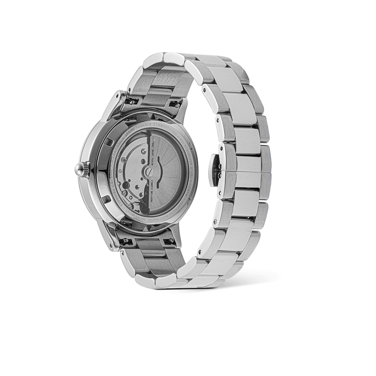 Daniel Wellington Iconic Link Automatic Silver men’s watch showing the exhibition case back, revealing the automatic movement and polished stainless steel bracelet.